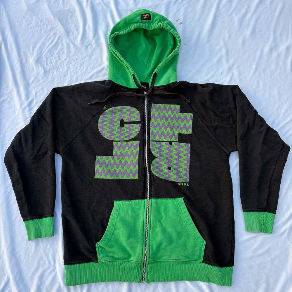 VTG CTRL Clothing Skate Hoodie Large Green Black Zip Up Finland Y2K 2000s Herzog